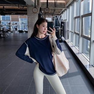 显瘦宽松大码 运动T恤 胖mm女健身服瑜伽服上衣速干衣跑步拼色长袖