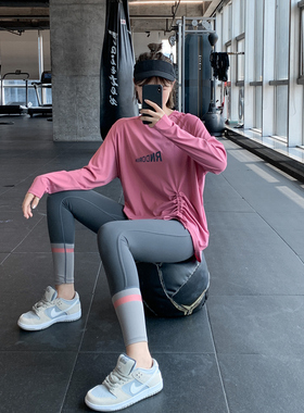 宽松显瘦健身服大码胖mm跑步瑜伽上衣速干字母运动T恤女长款罩衫