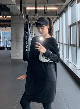 宽松大码胖mm女健身服瑜伽服运动上衣速干跑步罩衫遮臀长款T恤裙