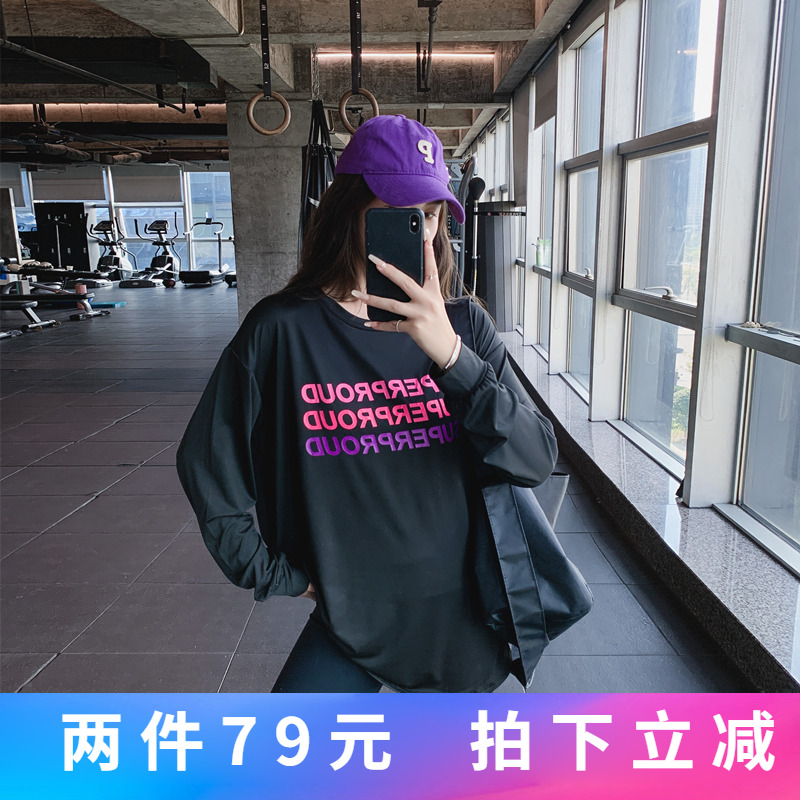 显瘦宽松大码胖mm女健身服瑜伽服上衣速干跑步长款字母运动T恤衫