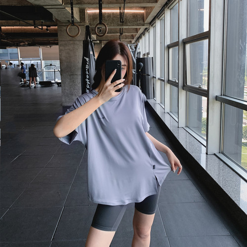 显瘦大码胖mm健身服女宽松短袖运动T恤速干跑步瑜伽服上衣遮屁股