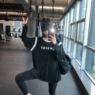 显瘦健身服女大码 T恤运动服瑜伽上衣宽松速干晨跑步字母遮臀罩衫