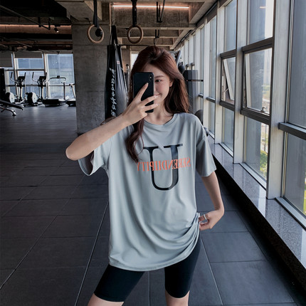显瘦宽松大码胖mm女健身服瑜伽服上衣速干跑步长款字母运动T恤衫
