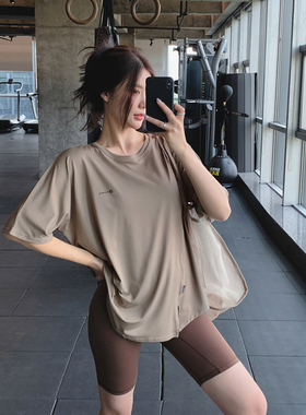 显瘦大码胖mm健身服女宽松短袖运动T恤速干跑步瑜伽服上衣遮屁股