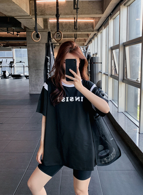 显瘦健身服女大码T恤运动服瑜伽上衣宽松速干晨跑步字母遮臀罩衫