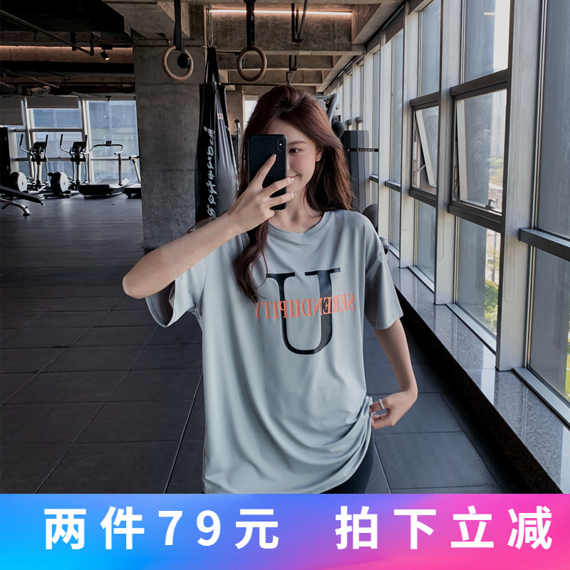 显瘦宽松大码胖mm女健身服瑜伽服上衣速干跑步长款字母运动T恤衫
