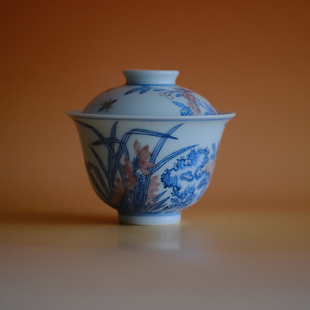 葭元里茶集 無塵石兰青花釉里红 柴窑薄胎盖碗130ml