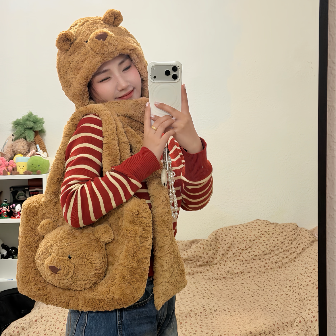 巴塞罗熊连帽围巾一体毛绒帽子围脖礼物送礼2025新品儿童玩偶学生