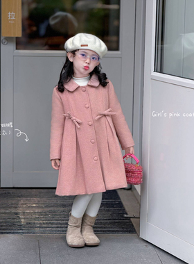 Domikids女童2025韩版收腰羊毛呢大衣小女孩夹棉中长款粉色厚外套