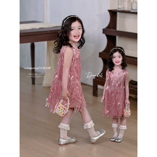 Domikids女童亮片闪闪连衣裙小女孩韩版流苏垂感背心裙生日礼服裙