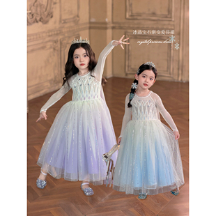 儿童冰雪奇缘渐变网纱洋气连衣裙 Domi女童冰晶爱莎公主裙2026春季