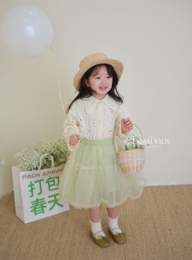 Domikids女童2025秋季田园风镂空毛衣开衫网纱半裙甜美洋气套装