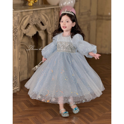 女童蓝色细闪长袖爱莎公主裙