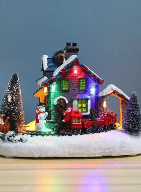 跨境圣诞节装饰品七彩发光小房子小火车雪屋树脂工艺品圣诞摆件