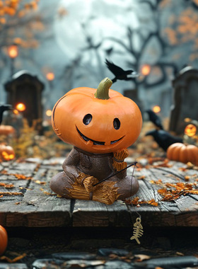 微景观树脂南瓜稻草人钓鱼装饰品