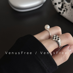 古灵精怪~925纯银大颗珍珠甜酷爱心棋盘格马赛克戒指环开口韩国