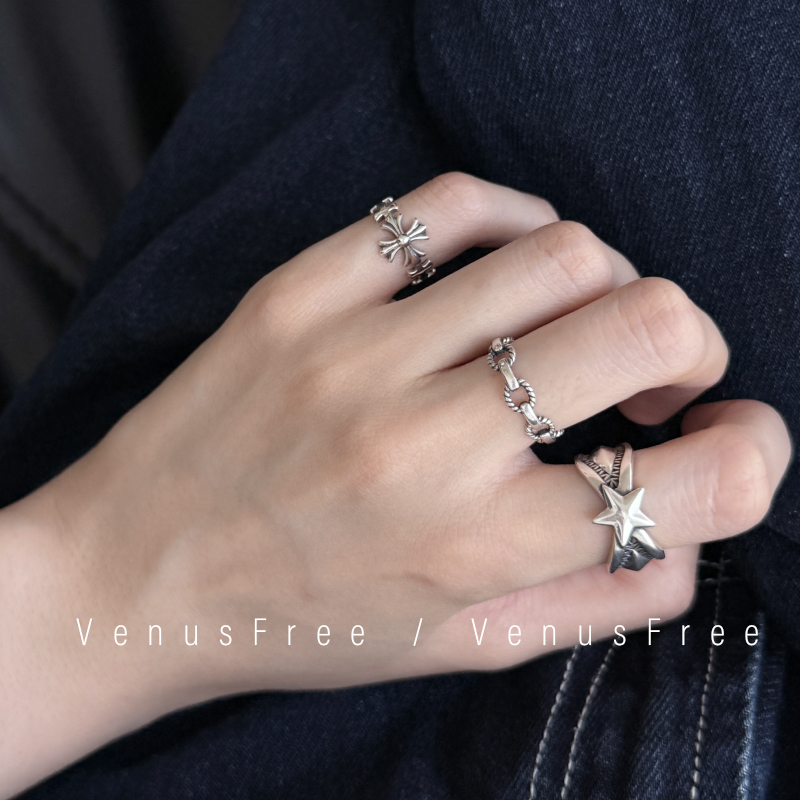复古时髦做旧925纯银烧银日系大星星十字花尾戒叠戴链条戒指开口