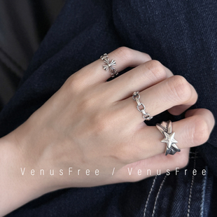 复古时髦做旧925纯银烧银日系大星星十字花尾戒叠戴链条戒指开口