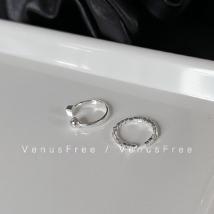 925纯银精致又闪 方块圆球切割小石头设计感简约日常叠戴开口戒指