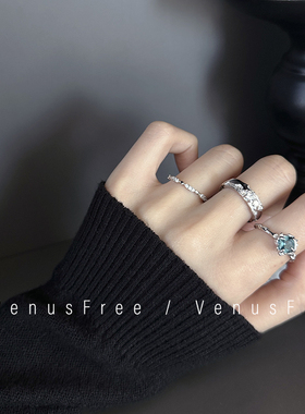 3选925纯银设计感异形蓝宝石闪钻星星爱心细戒指叠戴韩国银饰开口