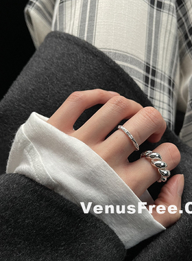 2入| s925纯银法式可颂螺旋戒指/细锡纸开口戒冷淡风叠戴简约韩国