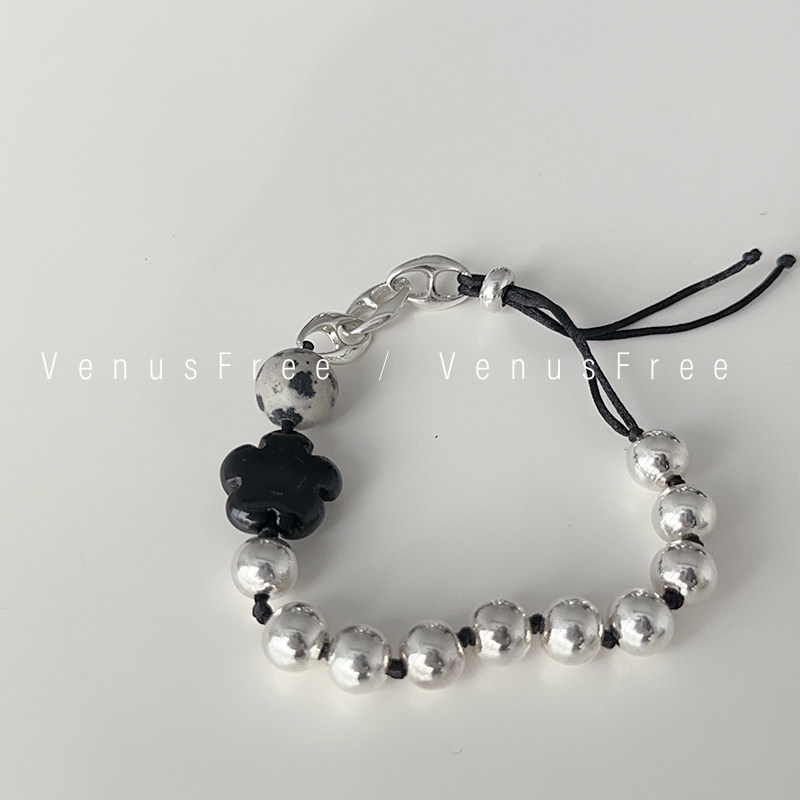 韩国实心925纯银超特别黑色小花猪鼻子大颗纯银珠珠豆豆手链简约