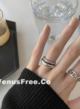 925纯银韩国博主款做旧质感猪鼻子双层光面麻花加厚戒指环简约