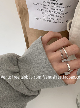 两款选 韩国定制925纯银爱心/双层链条指环戒指叠戴 极简简约欧美