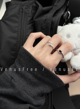 925纯银韩国进口异形椭圆黑宝石星星不规则戒指开口叠戴日常银饰