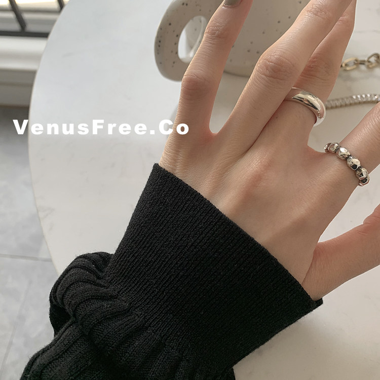2入 韩国博主925纯银不规则设计做旧小石块/光面粗戒指环男女简约
