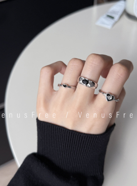 韩国925纯银3选黑玛瑙爱心法式滴油宝石设计感酷女孩戒指叠戴复古