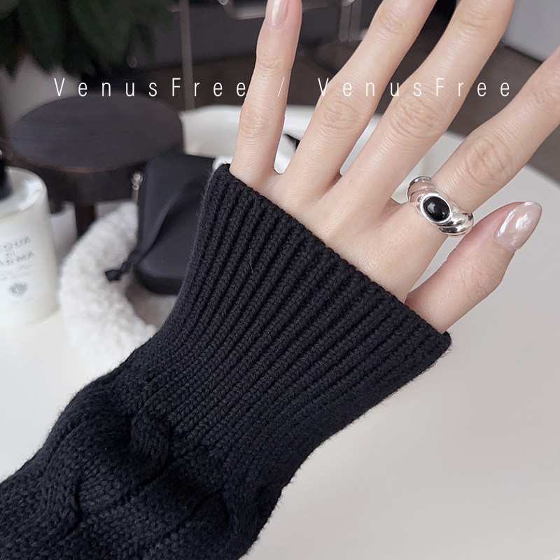 韩国925纯银加粗加厚黑色椭圆宝石麻花可颂面包戒指开口简约日常