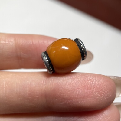 藏地鸡油黄老蜜蜡镶嵌铜珠11.6mm 星月紫檀手串单珠配珠老珠 1832