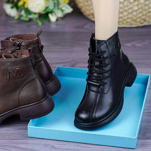 真皮软底软面粗跟加绒舒适马丁靴