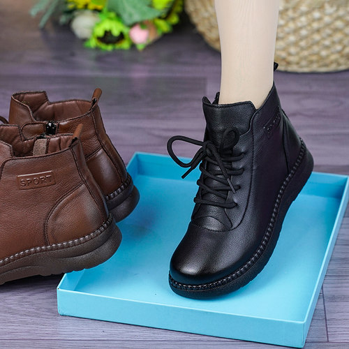 真皮牛筋软底马丁靴女2025秋冬新款平底软面加绒保暖舒适妈妈鞋女