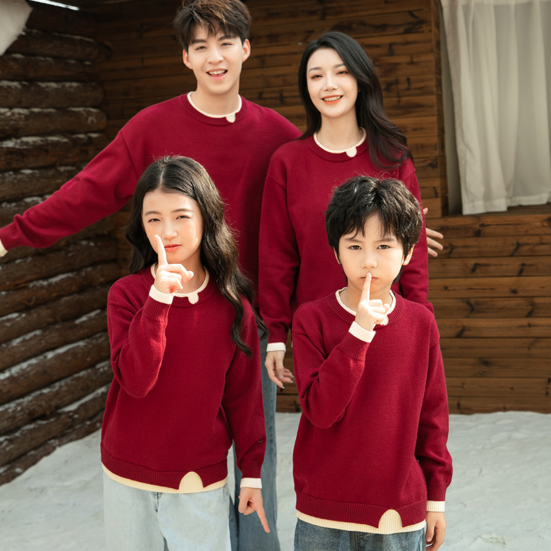 男女童装2025秋冬季新款洋气亲子装红色毛衣外套儿童毛衫拜年上衣