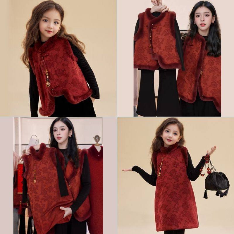 亲子装女孩新年拜年服秋冬季新款新中式马甲唐装母女裙子新年战袍