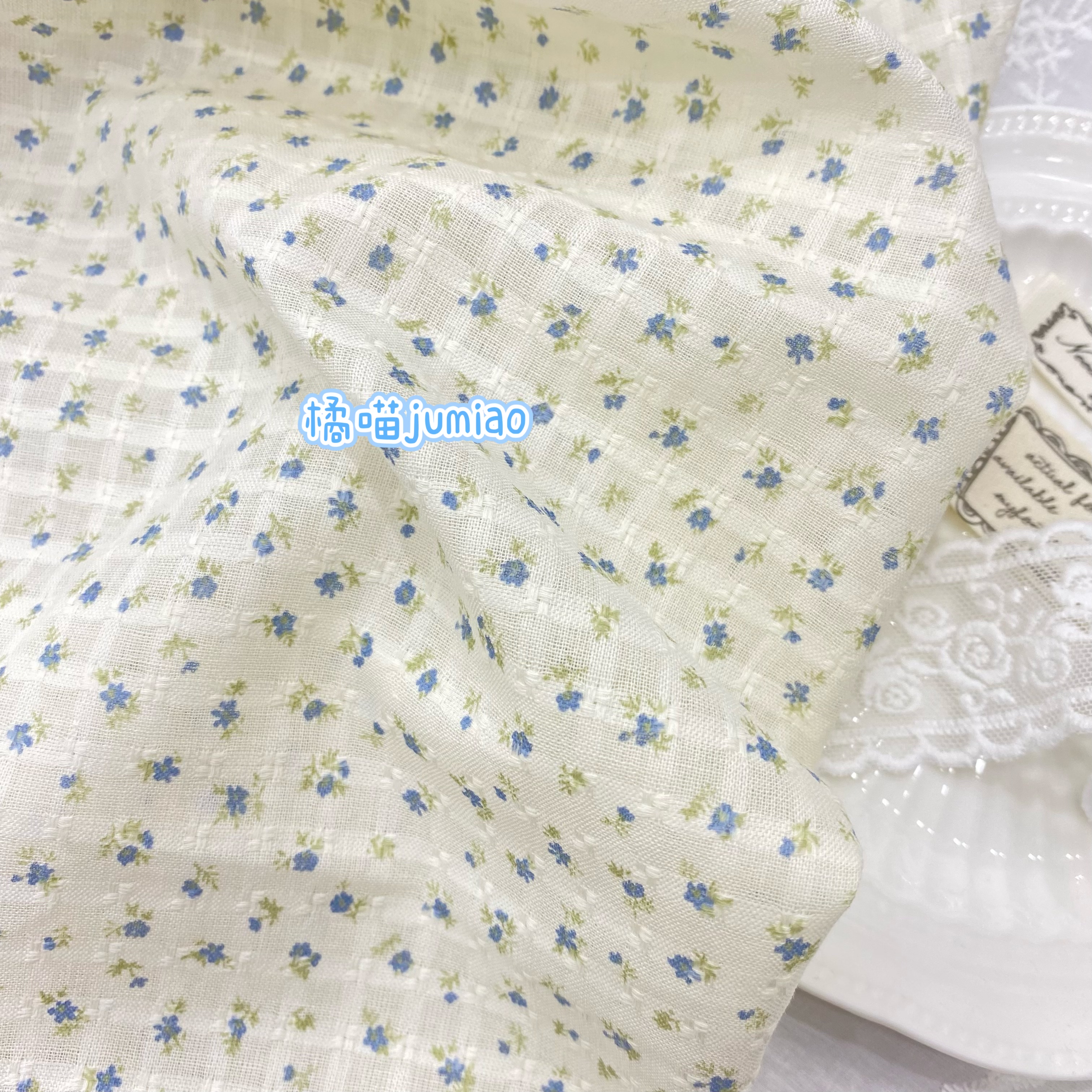 橘喵jumiao蓝色小碎花全棉布料田园风手作童装面料发圈窗帘diy布