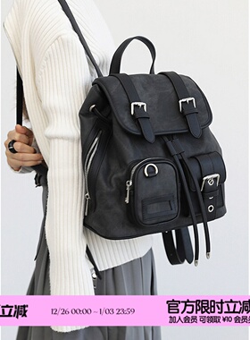 简着 /原创 布朗日记 扎染黑灰废土风复古大容量百搭口袋双肩背包