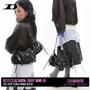 简着25AW新品 原创 黑色蛇皮纹铆钉辣妹单肩腋下包 斜挎2用机车包