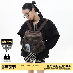 简着 /原创 小号里斯林肯麂皮棕 旷野美拉德多口袋铆钉机车双肩包