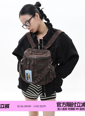 简着 /原创 小号里斯林肯麂皮棕 旷野美拉德多口袋铆钉机车双肩包