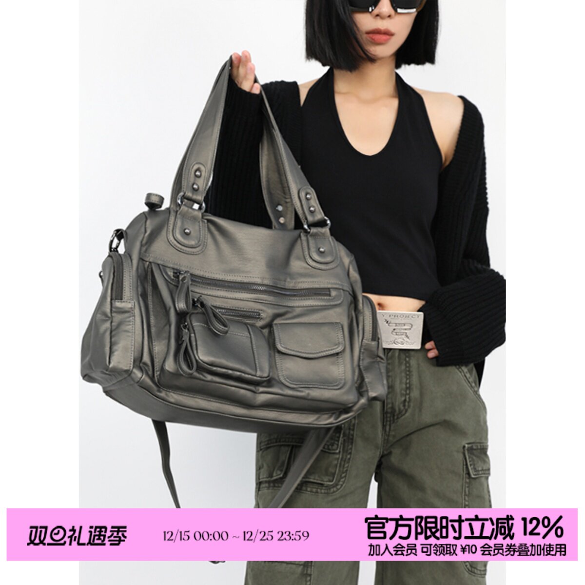 简着®原创古锈绿多口袋机车包