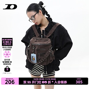 简着 /原创小号里斯林肯麂皮棕书包女美拉德多口袋铆钉机车双肩包