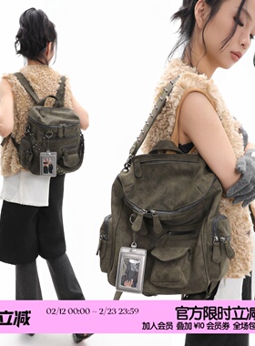 简着25AW原创苔藓绿里斯多口袋拉链铆钉书包女双肩包单肩机车背包