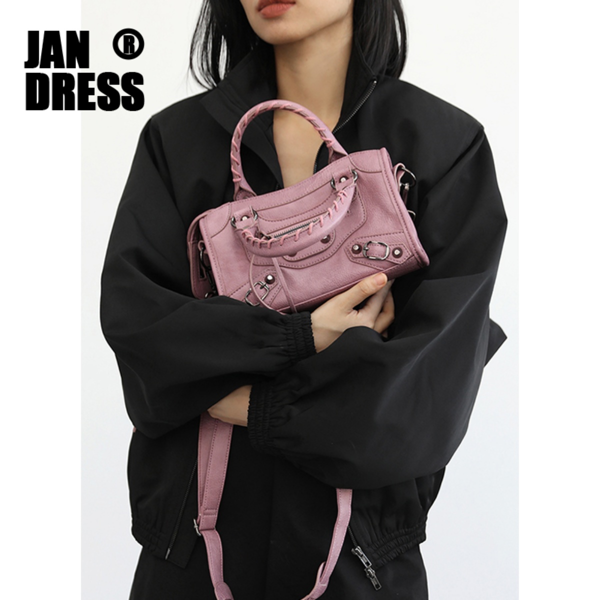 简着®脏粉巴黎机车包迷你小方包