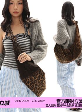 简着25AW 原创 豹纹拼接打结饺子包 大容量帆布包 慵懒感斜挎包