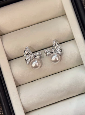 【LH】天然珍珠耳钉蝴蝶结款小众气质耳饰14k注金工艺防过敏材质