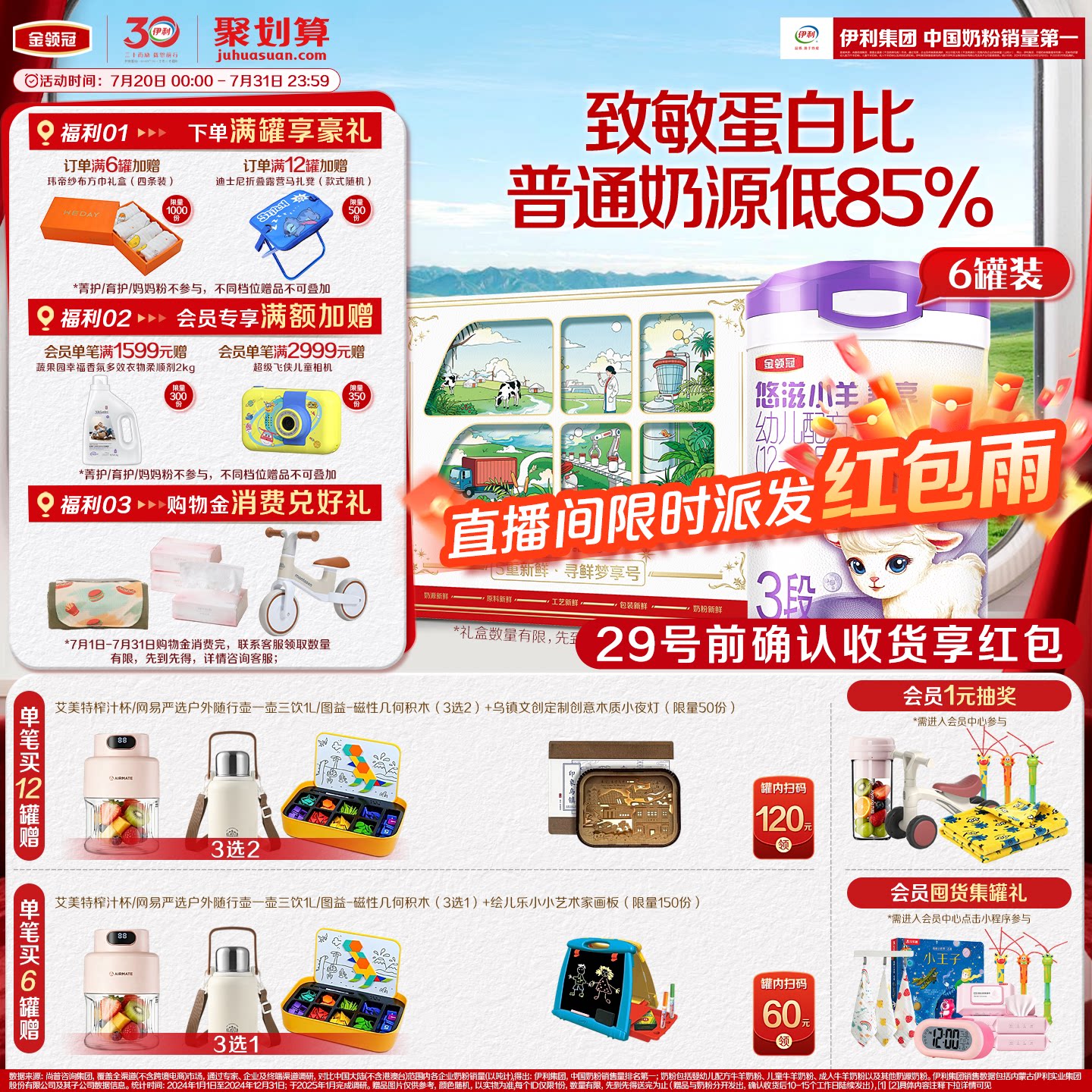 伊利金领冠悠滋小羊舒享3段低敏好吸收700g*6罐装婴幼儿羊奶粉