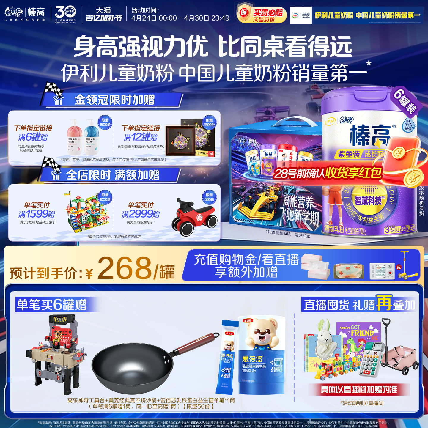 伊利QQ星榛高紫金装CBP儿童3岁以上4段高钙成长牛奶粉700g*6